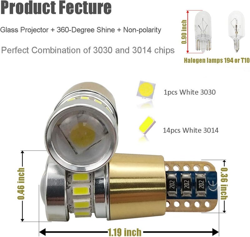 KISLED 12-24V Super Bright 194 912 921 168 175 2825 W5W T10 LED Bulbs with Projectors for Side Marker Cargo High Mount 3rd Brake Lights, Xenon White - Image 2