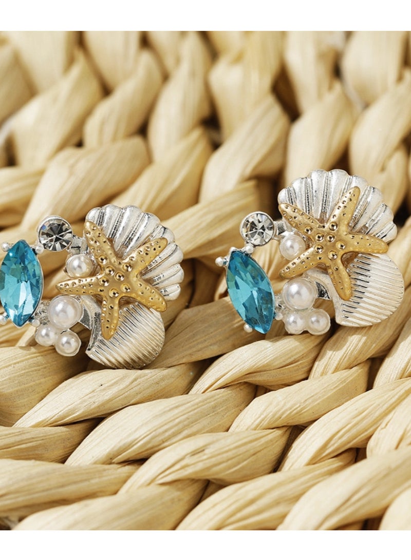 القرط الفضي بتصميم قرنة البحر واللؤلؤ - Image 4