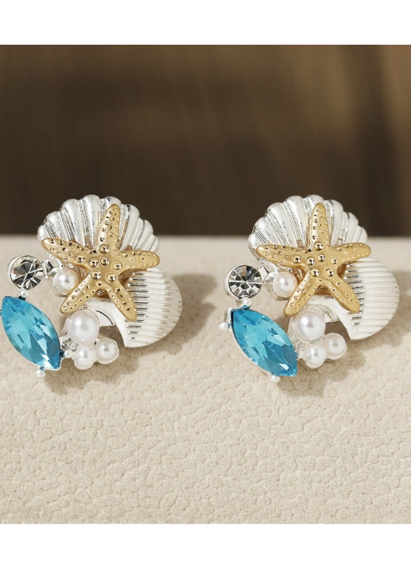 القرط الفضي بتصميم قرنة البحر واللؤلؤ - Image 3