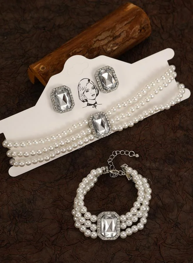 Take Two  3-Piece Square Rhinestone Drop Faux Pearl Layered Necklace, Bracelet and Earrings Jewelry Set for Women | Best Price UAE