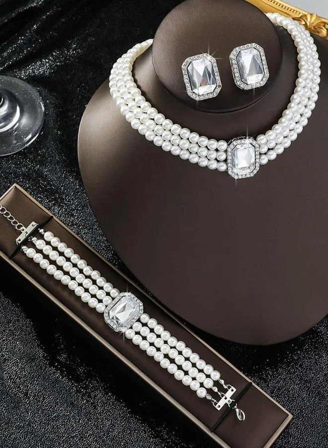 تايك تو طقم مجوهرات قلادة وسوار وأقراط طبقات مرصعة بأحجار الراين مربعة ولؤلؤ صناعي 3 قطع