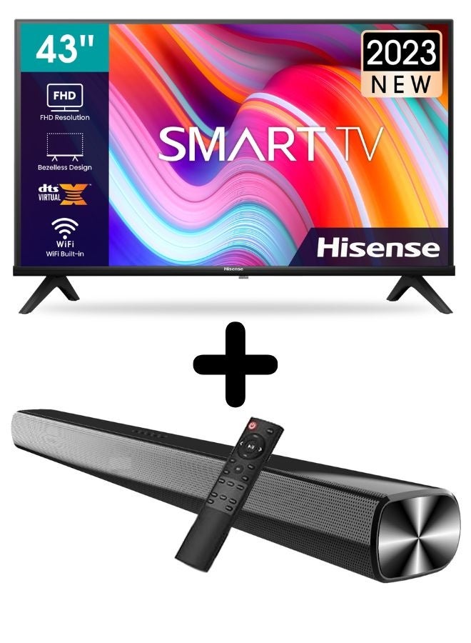 43-inch Smart Full HD TV + Soundbar Bundle | VIDAA OS, DTS Virtual-X, HDMI ARC, Bluetooth, USB, FM Radio – Home Entertainment Package 43A4K+SOUNDBAR Black