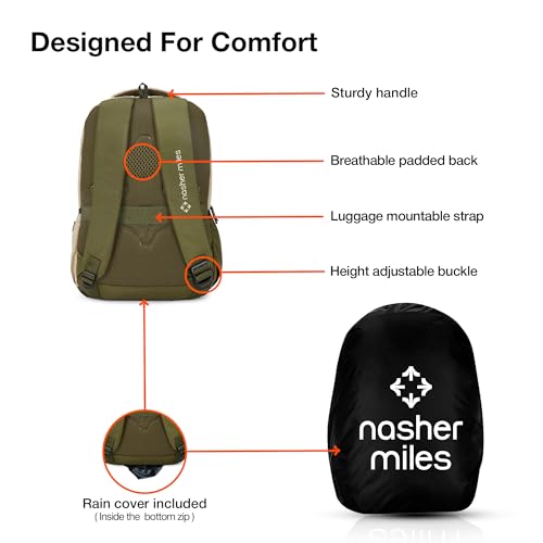 Nasher Miles Technology 3 Compartment Laptop Backpack 31 Liters Polyester with Raincover| Front Organiser Ideal for College, School Bags for Boys & Girls (Olive) - Image 4