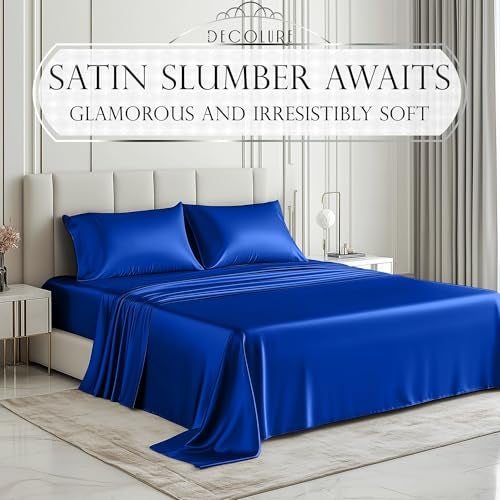 DECOLURE Satin Bed Sheets - 4 Piece Luxury Silky King Size Bedding Set - Softer Than Silk, Wrinkle-Free with 15” Deep Pocket Fitted Sheet, Perfect for Hair & Skin, Gifts for Women (Blue) - Image 2