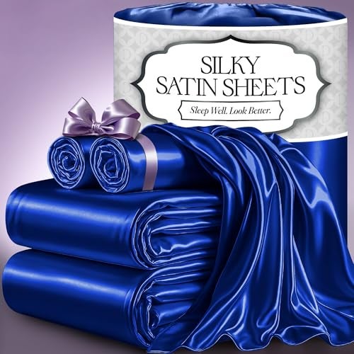DECOLURE Satin Bed Sheets - 4 Piece Luxury Silky King Size Bedding Set - Softer Than Silk, Wrinkle-Free with 15” Deep Pocket Fitted Sheet, Perfect for Hair & Skin, Gifts for Women (Blue) - Image 1