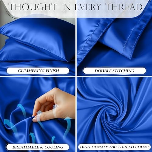 DECOLURE Satin Bed Sheets - 4 Piece Luxury Silky King Size Bedding Set - Softer Than Silk, Wrinkle-Free with 15” Deep Pocket Fitted Sheet, Perfect for Hair & Skin, Gifts for Women (Blue) - Image 3