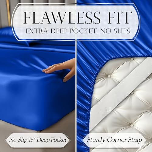 DECOLURE Satin Bed Sheets - 4 Piece Luxury Silky King Size Bedding Set - Softer Than Silk, Wrinkle-Free with 15” Deep Pocket Fitted Sheet, Perfect for Hair & Skin, Gifts for Women (Blue) - Image 5