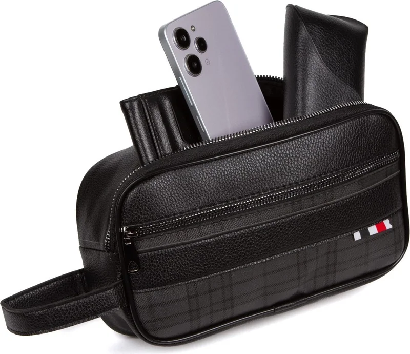 اديلينا باجز Black Leather Portfolio Clutch Bag Travel Cosmetic Bag Men's Clutch Bag