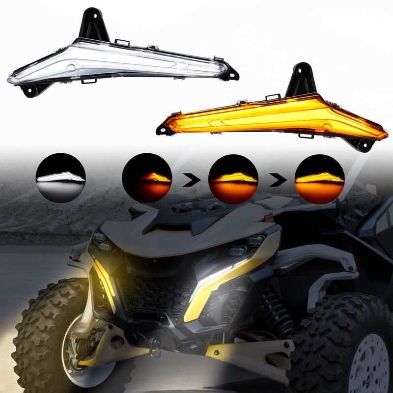 SAUTVS LED Turn Signal Fang Lights for CanAm Maverick R Front DRL Auxiliary Accent Lamps with Yellow Flashing Lights for Can Am Maverick R MAX X RS 2024 Models Accessories