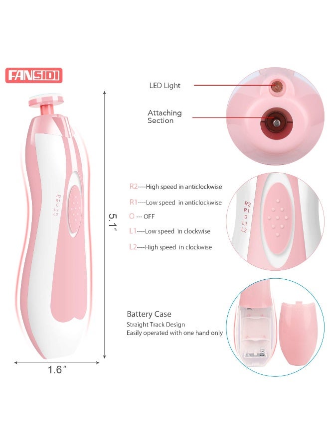 FANSIDI Baby Nail File Electric Nail Trimmer Safe Baby Nail Clippers Manicure Set with 10 Grinding Heads 8 Sandpapers, Trim Polish Groom for Newborn Infant Toddler or Adult Toes Fingernails Care, Pink - Image 2