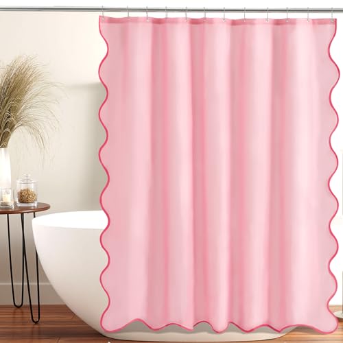 ORTIGIA Pink Scalloped Shower Curtain, Cute Pink Ruffle Shower Curtains Boho Pretty Aesthetic Preppy Waterproof Fabric Girls Bath Bathroom Decor with Metal Hook 72 W x 72 H Inch - Image 2