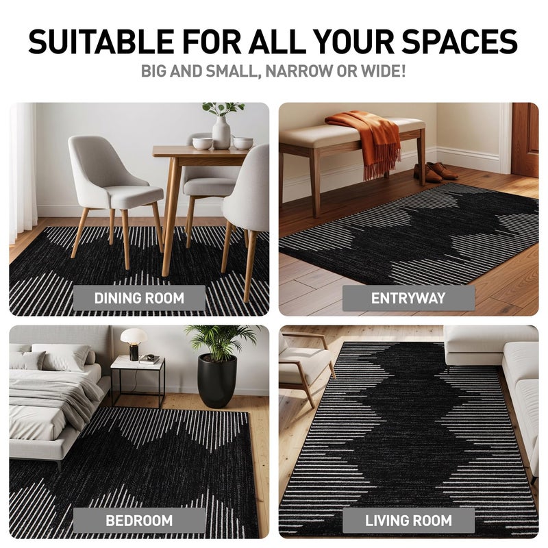 Rugshop Bohemian Stripe Stain Resistant High Traffic Living Room Kitchen Bedroom Dining Home Office Area Rug 3'3" x 5' Black - Image 3