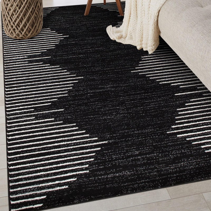 Rugshop Bohemian Stripe Stain Resistant High Traffic Living Room Kitchen Bedroom Dining Home Office Area Rug 3'3" x 5' Black - Image 1