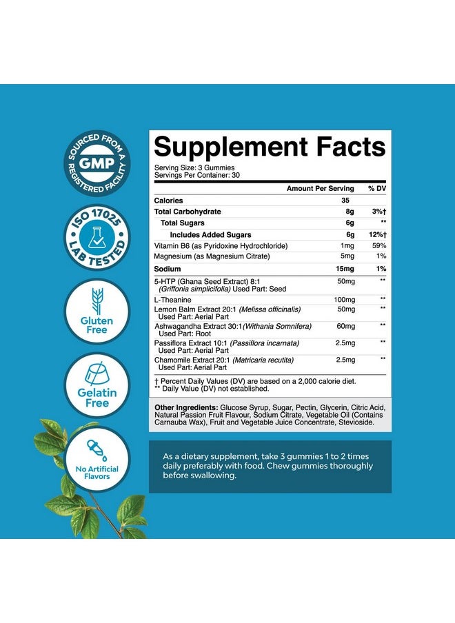 Calming Gummies for Adults with Ashwagandha and Magnesium - Relaxing Stress Gummies with L Theanine 5HTP and Lemon Balm Extract - Adaptogenic Gummies with Chamomile Extract and Vitamin B6 - 180 Count