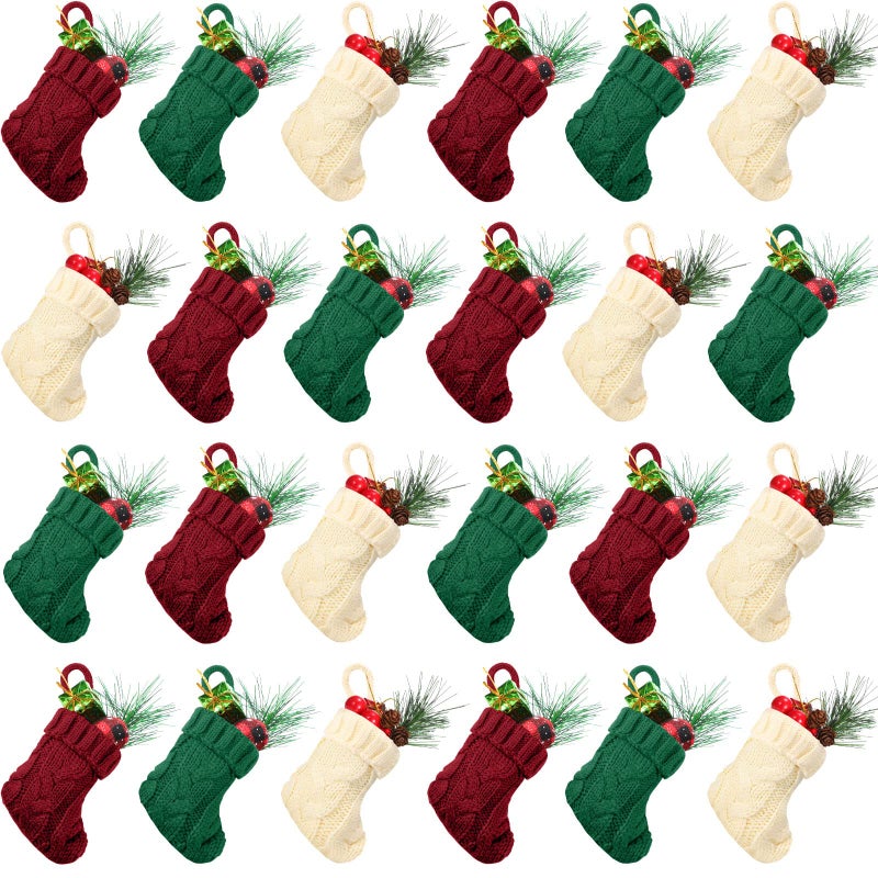 Jerify 24 Pcs Mini Christmas Stockings 394 Inch Knitted Stocking Small Xmas Christmas Hanging Stocking Little Rustic Christmas Tree Ornaments for Home Party Holiday Decor Wine Red Beige Green