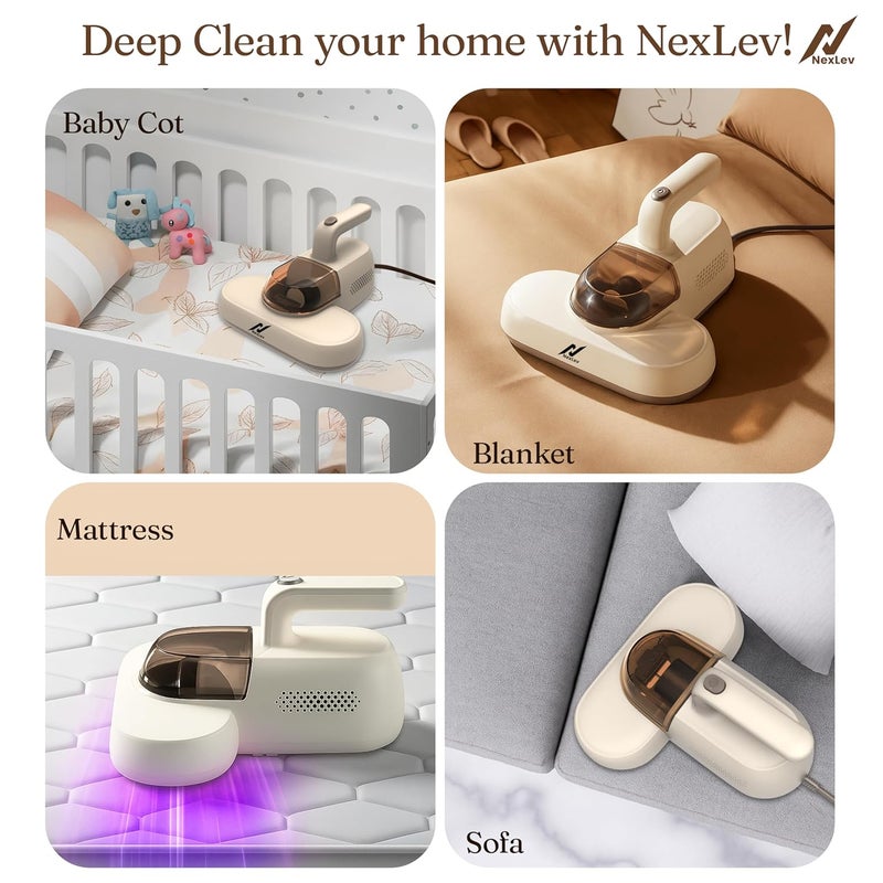 nexlev مكنسة كهربائية للمفروشات والسجاد | لمكافحة عث الغبار، والمواد المسببة للحساسية وشعر الحيوانات الأليفة | تنظيف 4 خطوات مع اهتزاز مزدوج، ضوء UV، إزالة الرطوبة وشفط | HEPA تلتقط 99.99% من الغبار | MR-01 - Image 3