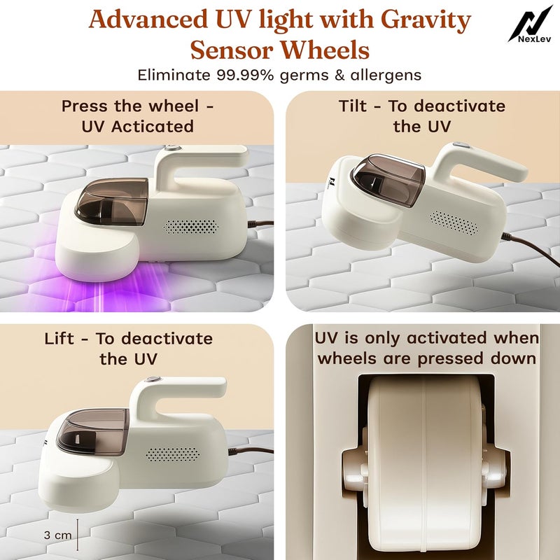 nexlev مكنسة كهربائية للمفروشات والسجاد | لمكافحة عث الغبار، والمواد المسببة للحساسية وشعر الحيوانات الأليفة | تنظيف 4 خطوات مع اهتزاز مزدوج، ضوء UV، إزالة الرطوبة وشفط | HEPA تلتقط 99.99% من الغبار | MR-01 - Image 5