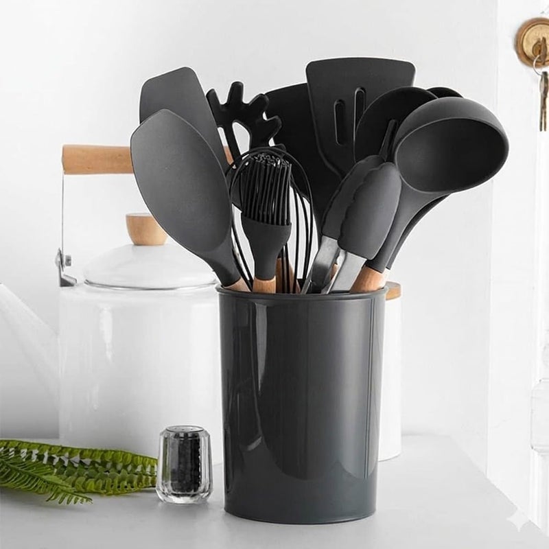 Silicone Kitchen Spatula Set, 12 Piece Food Safe Cooking Utensils Set, Heat Resistant Wooden Handles Kitchen Utensils for Nonstick Cooking Pots, 12 Pieces (Black) - Image 1
