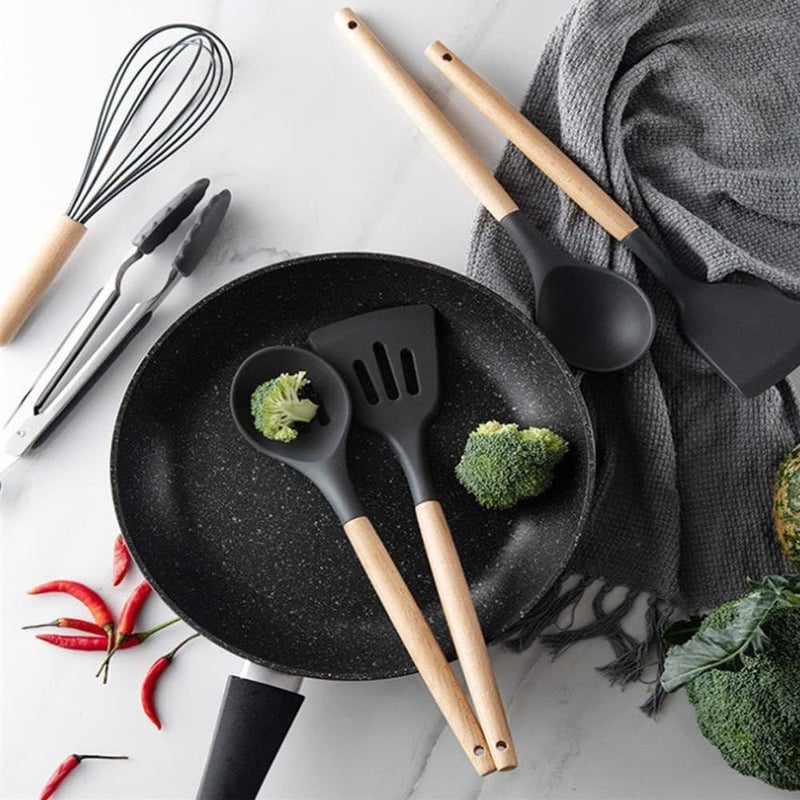 Silicone Kitchen Spatula Set, 12 Piece Food Safe Cooking Utensils Set, Heat Resistant Wooden Handles Kitchen Utensils for Nonstick Cooking Pots, 12 Pieces (Black) - Image 2
