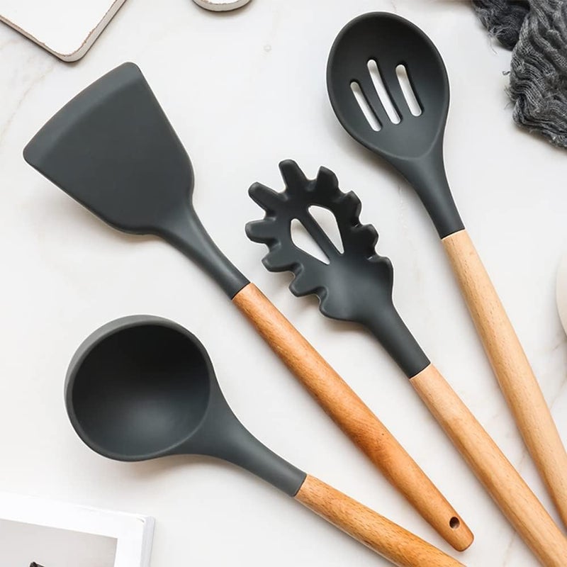 Silicone Kitchen Spatula Set, 12 Piece Food Safe Cooking Utensils Set, Heat Resistant Wooden Handles Kitchen Utensils for Nonstick Cooking Pots, 12 Pieces (Black) - Image 4