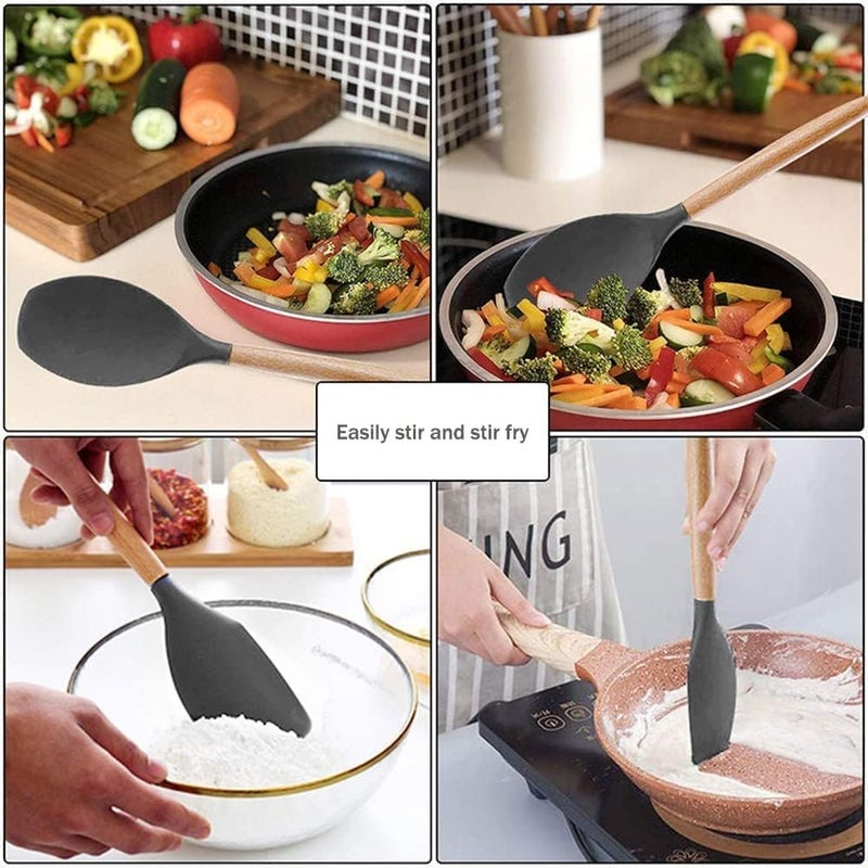 Silicone Kitchen Spatula Set, 12 Piece Food Safe Cooking Utensils Set, Heat Resistant Wooden Handles Kitchen Utensils for Nonstick Cooking Pots, 12 Pieces (Black) - Image 5