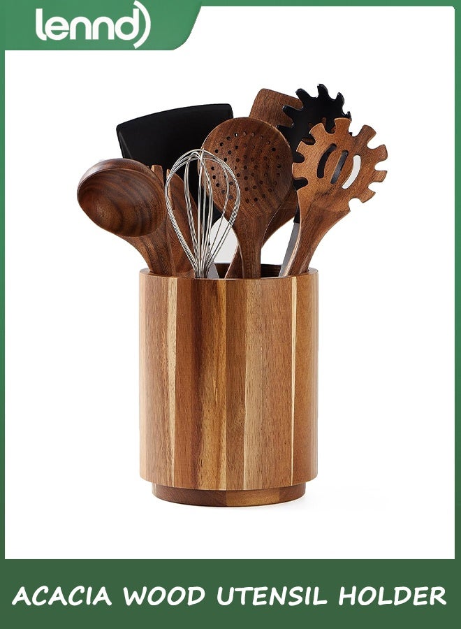 LENND Acacia Wood Utensil Holder for Kitchen Counter, 360° Rotating 18.3cm Wooden Cooking Utensil Crock for Countertop, Farmhouse Kitchen Decor - Image 1