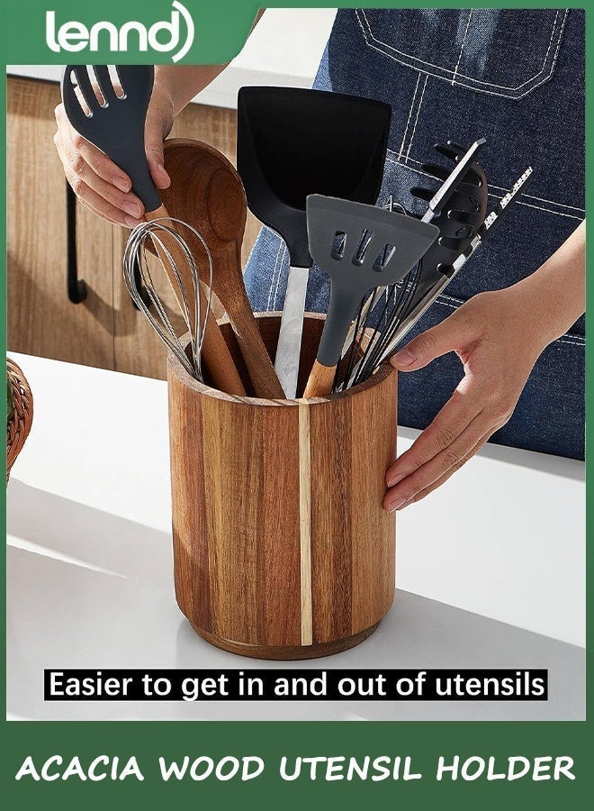LENND Acacia Wood Utensil Holder for Kitchen Counter, 360° Rotating 18.3cm Wooden Cooking Utensil Crock for Countertop, Farmhouse Kitchen Decor - Image 2