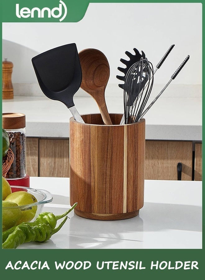 LENND Acacia Wood Utensil Holder for Kitchen Counter, 360° Rotating 18.3cm Wooden Cooking Utensil Crock for Countertop, Farmhouse Kitchen Decor - Image 4