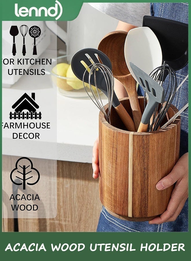 LENND Acacia Wood Utensil Holder for Kitchen Counter, 360° Rotating 18.3cm Wooden Cooking Utensil Crock for Countertop, Farmhouse Kitchen Decor - Image 3