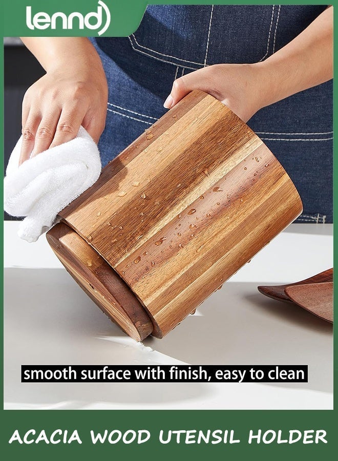 LENND Acacia Wood Utensil Holder for Kitchen Counter, 360° Rotating 18.3cm Wooden Cooking Utensil Crock for Countertop, Farmhouse Kitchen Decor - Image 5