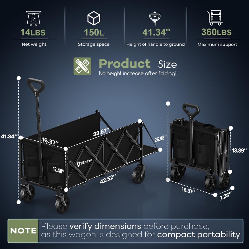 Hikemoon 43'' Extra Long Collapsible Wagon with Extended Tailgate, 360LBS Heavy Duty Wagons Carts Foldable, Portable Folding Outdoor Utility Cart for Grocery, Shopping, Garden, Camping, Black - Image 3