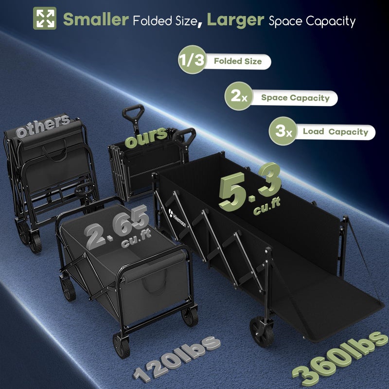 Hikemoon 43'' Extra Long Collapsible Wagon with Extended Tailgate, 360LBS Heavy Duty Wagons Carts Foldable, Portable Folding Outdoor Utility Cart for Grocery, Shopping, Garden, Camping, Black - Image 2