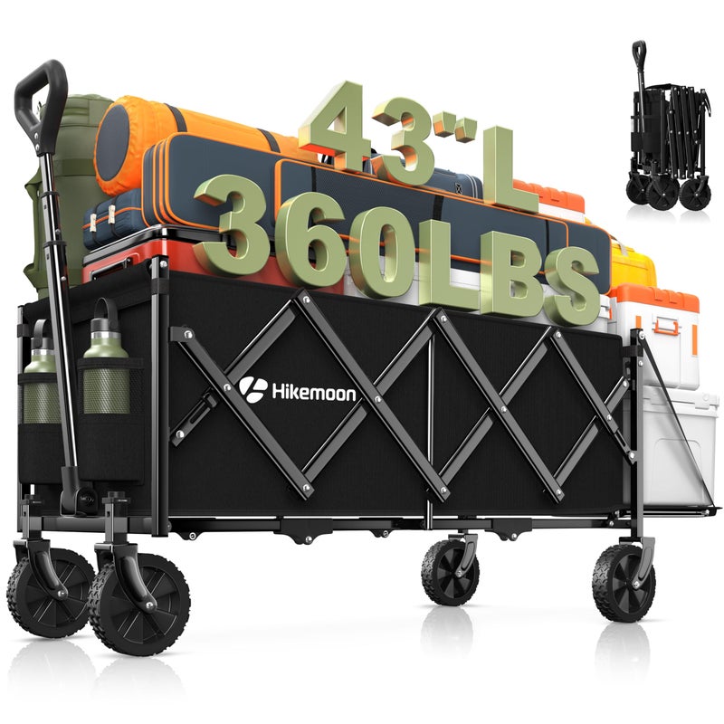 Hikemoon 43'' Extra Long Collapsible Wagon with Extended Tailgate, 360LBS Heavy Duty Wagons Carts Foldable, Portable Folding Outdoor Utility Cart for Grocery, Shopping, Garden, Camping, Black - Image 1