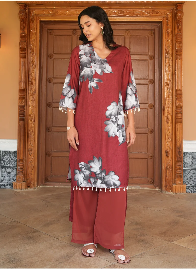 QISSA Women's Burnt Sienna Whispering Botanics Kurta Set