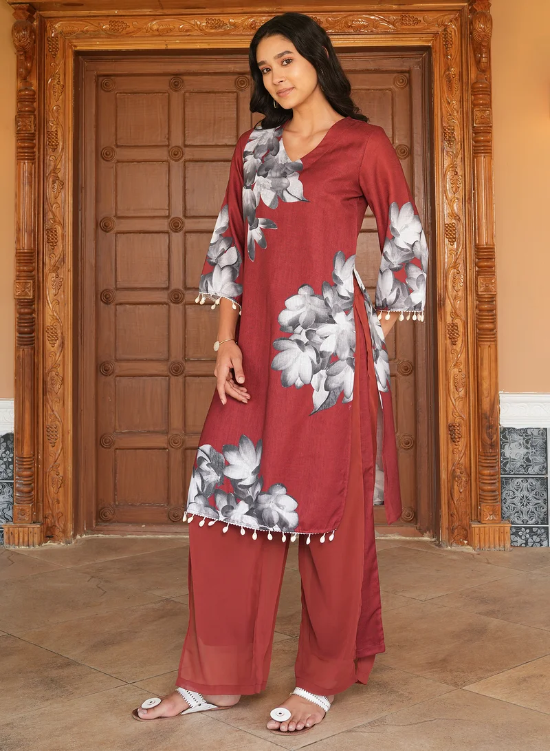 QISSA Women's Burnt Sienna Whispering Botanics Kurta Set