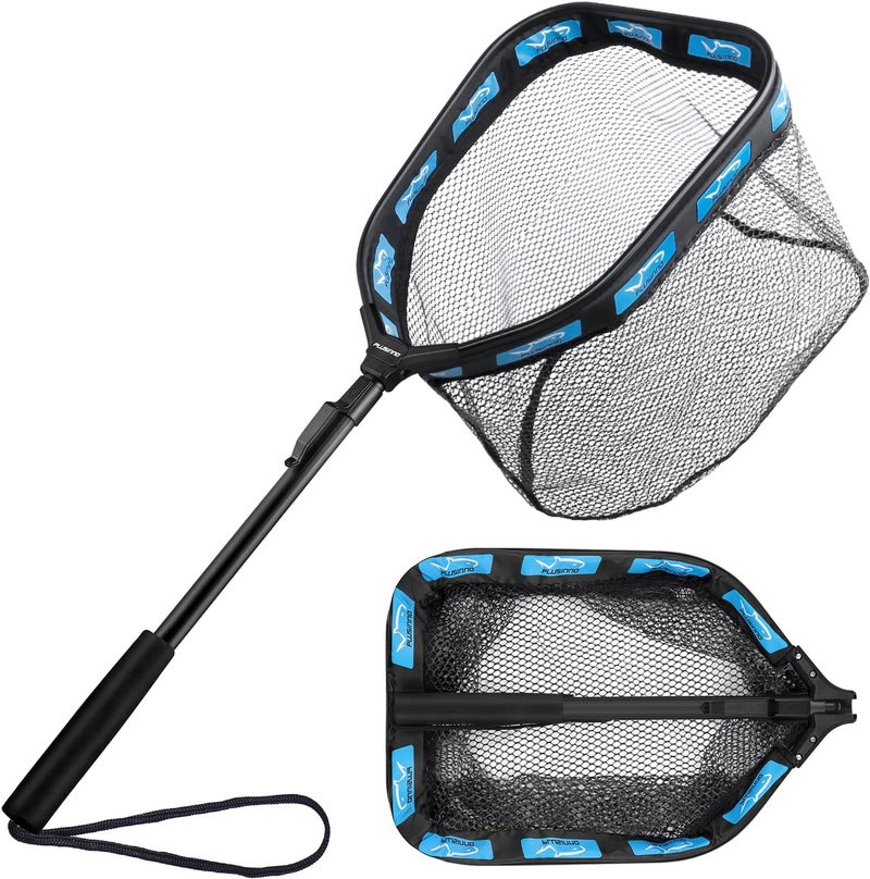PLUSINNO Floating Fishing Net for Steelhead, Salmon, Fly, Kayak, Catfish, Bass, Trout Fishing, Rubber Coated Foldable Landing Net with Fixed or Telescoping Pole Handle, Fishing Gear and Gifts for Men - Image 1