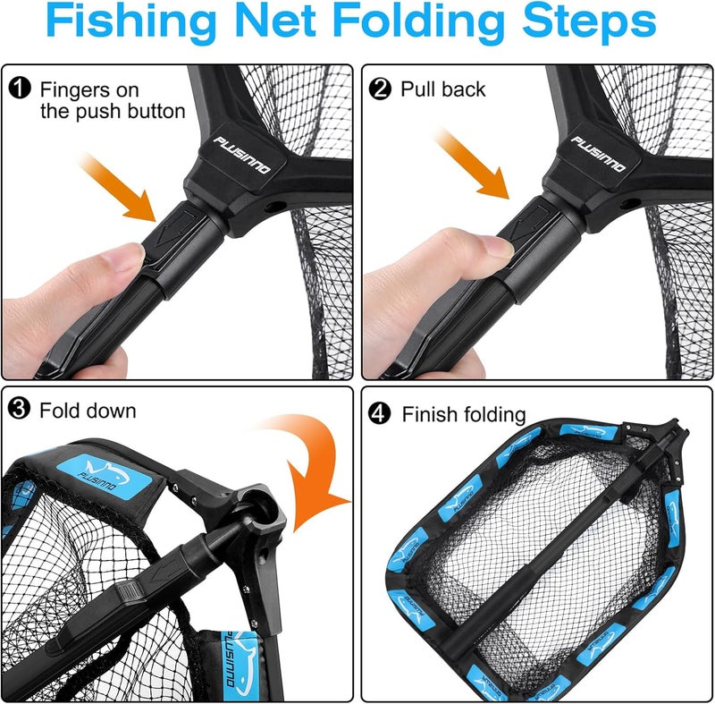 PLUSINNO Floating Fishing Net for Steelhead, Salmon, Fly, Kayak, Catfish, Bass, Trout Fishing, Rubber Coated Foldable Landing Net with Fixed or Telescoping Pole Handle, Fishing Gear and Gifts for Men - Image 4