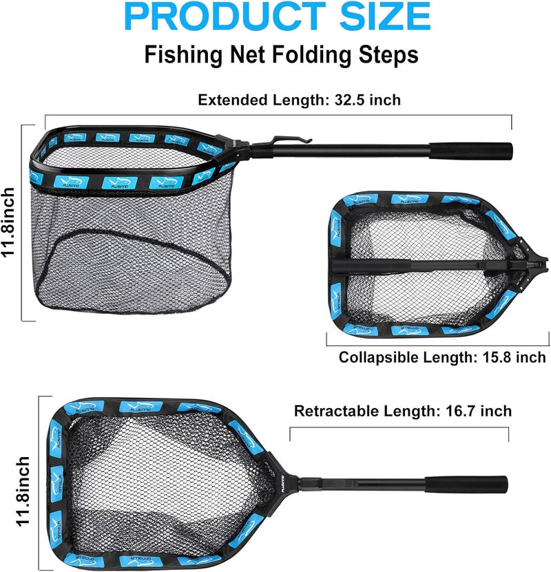 PLUSINNO Floating Fishing Net for Steelhead, Salmon, Fly, Kayak, Catfish, Bass, Trout Fishing, Rubber Coated Foldable Landing Net with Fixed or Telescoping Pole Handle, Fishing Gear and Gifts for Men - Image 3