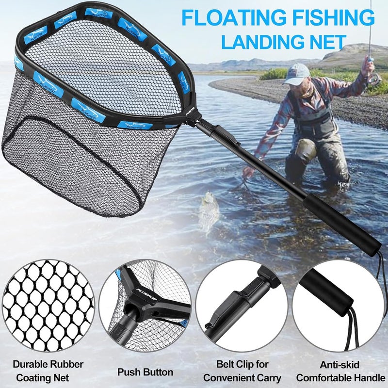 PLUSINNO Floating Fishing Net for Steelhead, Salmon, Fly, Kayak, Catfish, Bass, Trout Fishing, Rubber Coated Foldable Landing Net with Fixed or Telescoping Pole Handle, Fishing Gear and Gifts for Men - Image 2