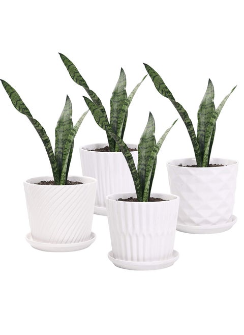 sietpoek Plant Pots  55 Inch Cylinder Ceramic Planters with Connected Saucer Pots for Succuelnt and Little Snake Plants Set of 4 White
