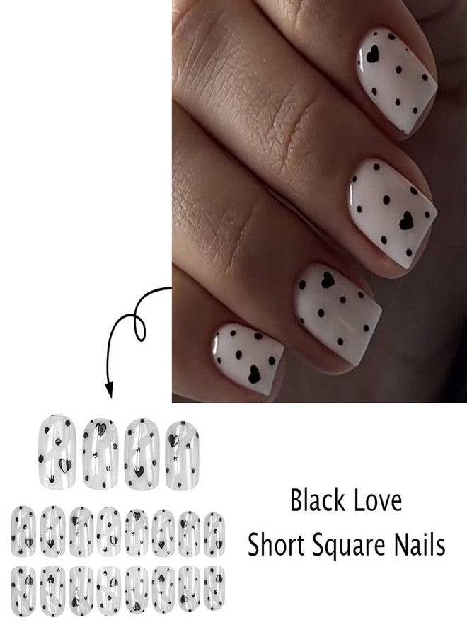 GRITOSE Valentine's Day Press on Nail Short Square Fake Nails with Polka Dot Heart designs White Black False Nails Glossy Full Cover Acrylic Press ones Reusable Glue on Nails for Women Girls Manicure24pcs - Image 3