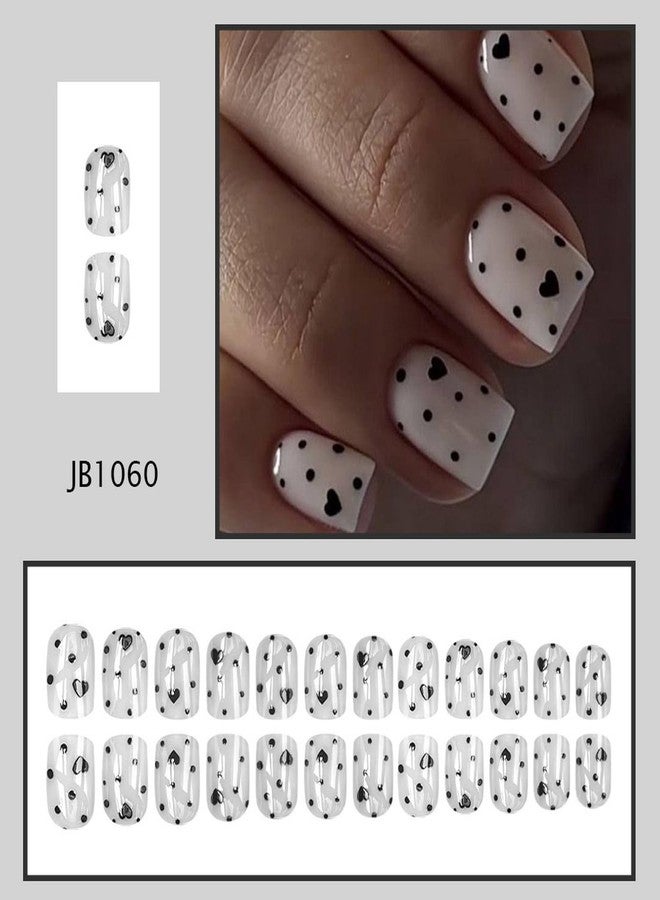 GRITOSE Valentine's Day Press on Nail Short Square Fake Nails with Polka Dot Heart designs White Black False Nails Glossy Full Cover Acrylic Press ones Reusable Glue on Nails for Women Girls Manicure24pcs - Image 2