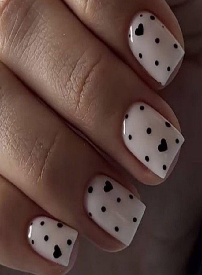 GRITOSE Valentine's Day Press on Nail Short Square Fake Nails with Polka Dot Heart designs White Black False Nails Glossy Full Cover Acrylic Press ones Reusable Glue on Nails for Women Girls Manicure24pcs - Image 1