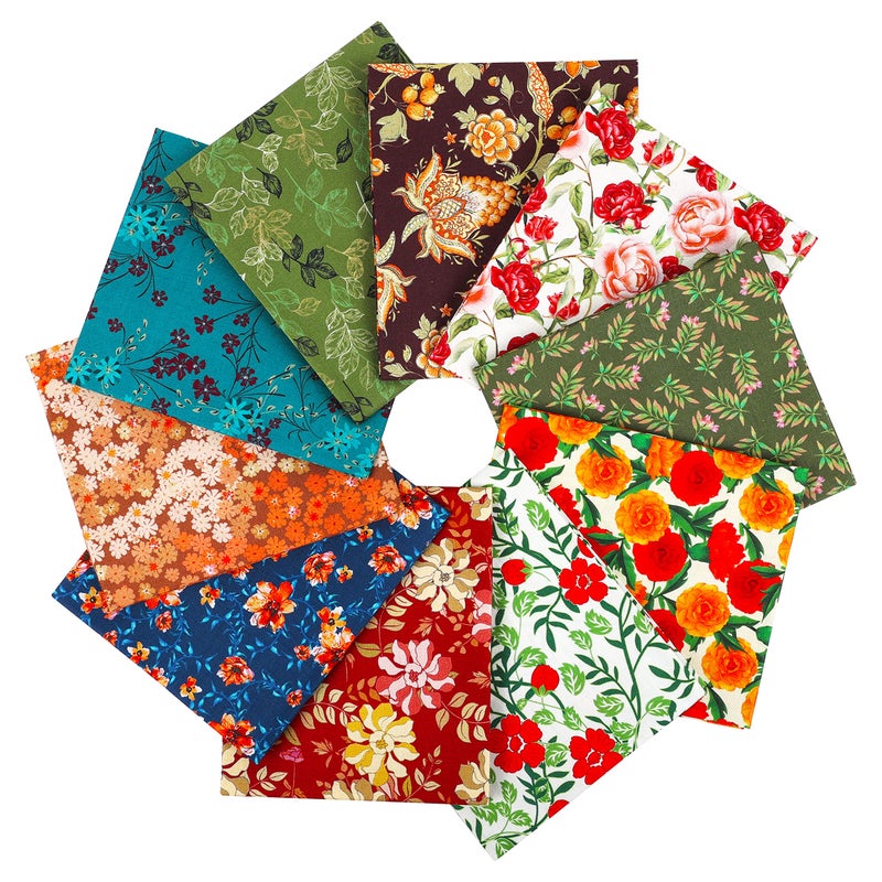 Craftido -25 Options- 100% Cotton Quilting Fabric Bundles 10pcs Fat Quarters 18â€x21â€-Medium Weight 5.2 oz- Soft Cotton for Quilting, Sewing Project, Patchwork, DIY Crafts - Retro Style - Image 1