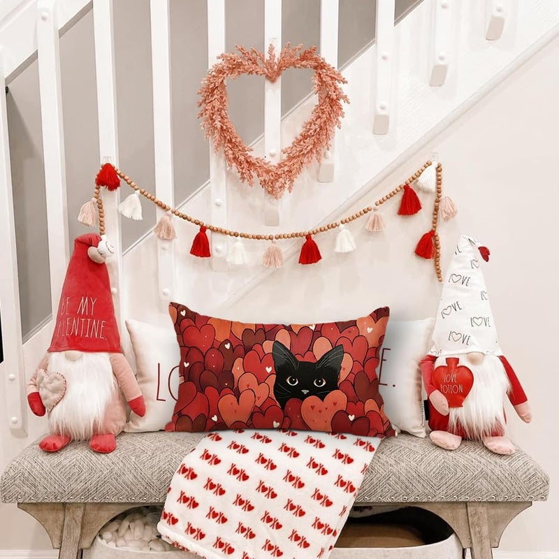 RABUSOFA Valentines Pillow Covers 12x20 Inch,Red Love Heart Decor Black Cat Wedding Outdoor Lumbar Cushion Case Decoration for Sofa Couch Holiday(Red, 20" x 12" (Pack of 1)) - Image 5