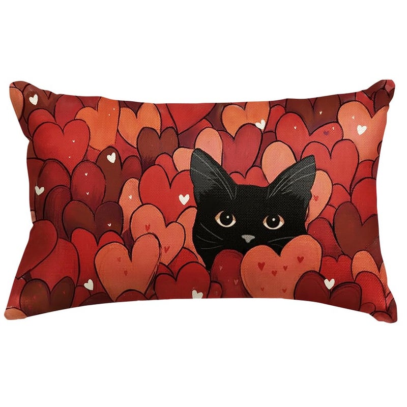 RABUSOFA Valentines Pillow Covers 12x20 Inch,Red Love Heart Decor Black Cat Wedding Outdoor Lumbar Cushion Case Decoration for Sofa Couch Holiday(Red, 20" x 12" (Pack of 1)) - Image 1