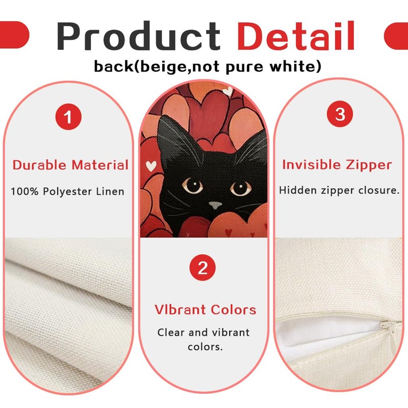 RABUSOFA Valentines Pillow Covers 12x20 Inch,Red Love Heart Decor Black Cat Wedding Outdoor Lumbar Cushion Case Decoration for Sofa Couch Holiday(Red, 20" x 12" (Pack of 1)) - Image 4