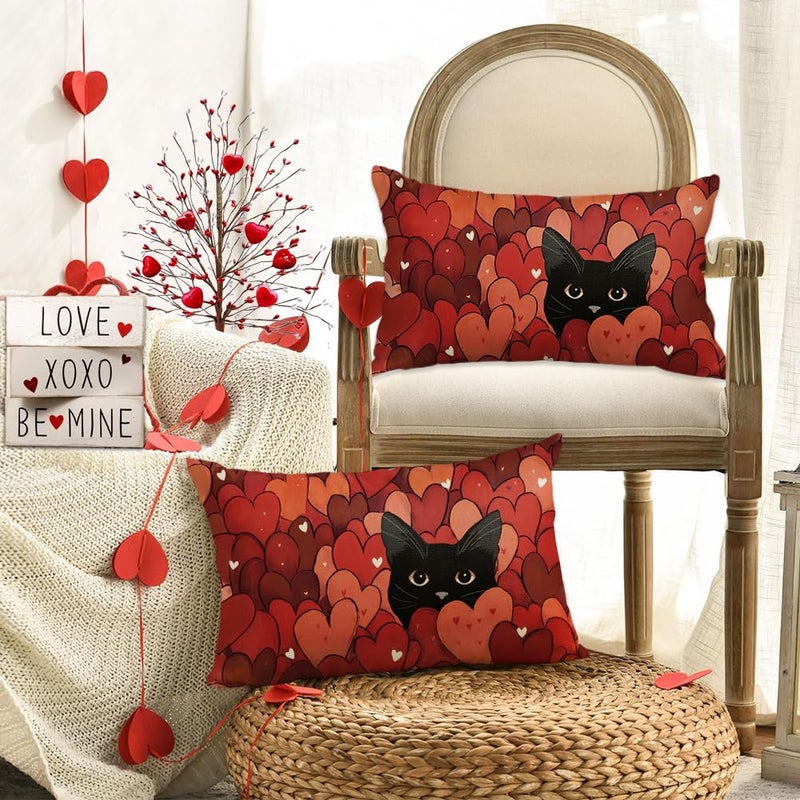 RABUSOFA Valentines Pillow Covers 12x20 Inch,Red Love Heart Decor Black Cat Wedding Outdoor Lumbar Cushion Case Decoration for Sofa Couch Holiday(Red, 20" x 12" (Pack of 1)) - Image 2