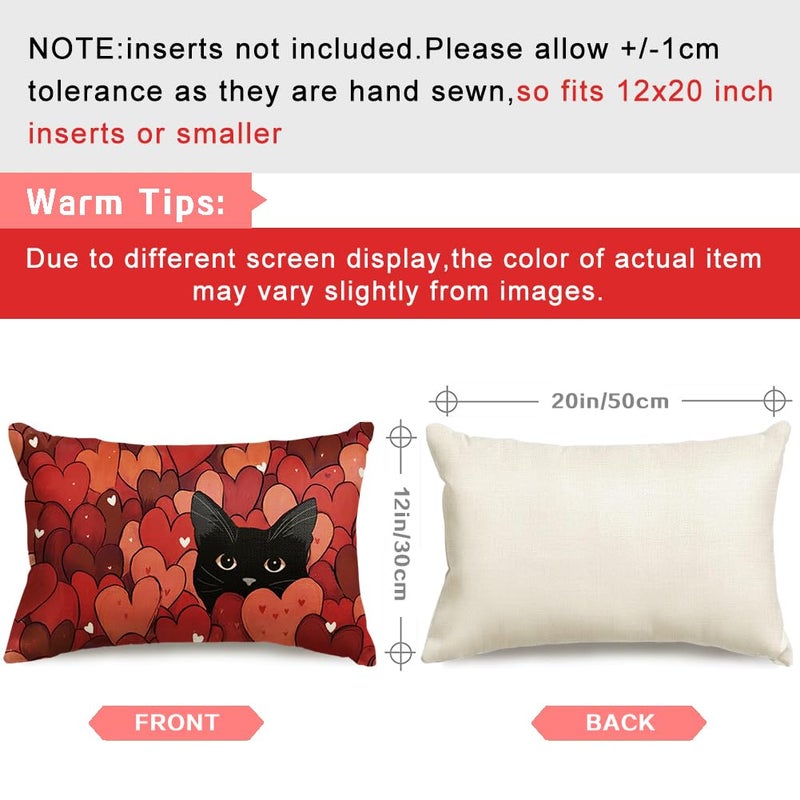 RABUSOFA Valentines Pillow Covers 12x20 Inch,Red Love Heart Decor Black Cat Wedding Outdoor Lumbar Cushion Case Decoration for Sofa Couch Holiday(Red, 20" x 12" (Pack of 1)) - Image 3