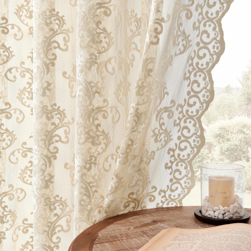 FOLKSIDE Beige Lace Curtains - 84 Inch Long, 2 Panel Vintage Paisley Curtains for Living Room & Bedroom - Rod Pocket, Light Filtering, French Crochet, Victorian Sheer Drapes - 52x84 - Image 1